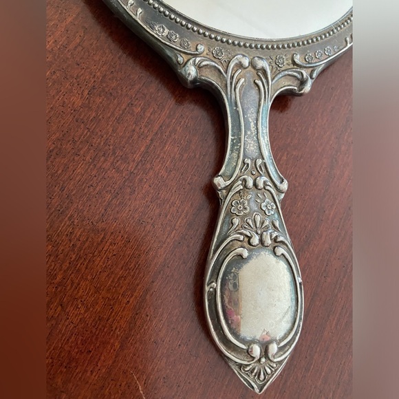 Vintage Art Deco Victorian Style Silver Plate Metal Hand Mirror Heavy 9 1/2" - Picture 4 of 10